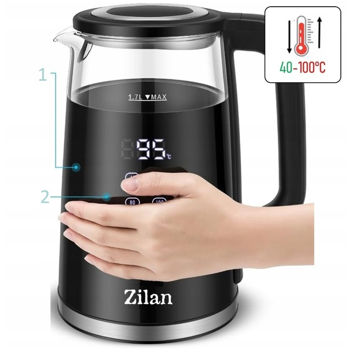 Czajnik elektryczny czarny ze szklaną górą i cyfrowym wyświetlaczem.