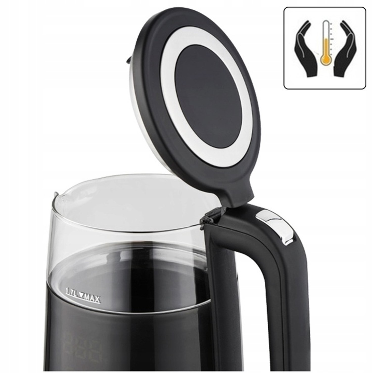 Szklany czajnik z czarną pokrywą i uchwytem, pokazujący maksymalną linię napełnienia i cyfrowy wyświetlacz.