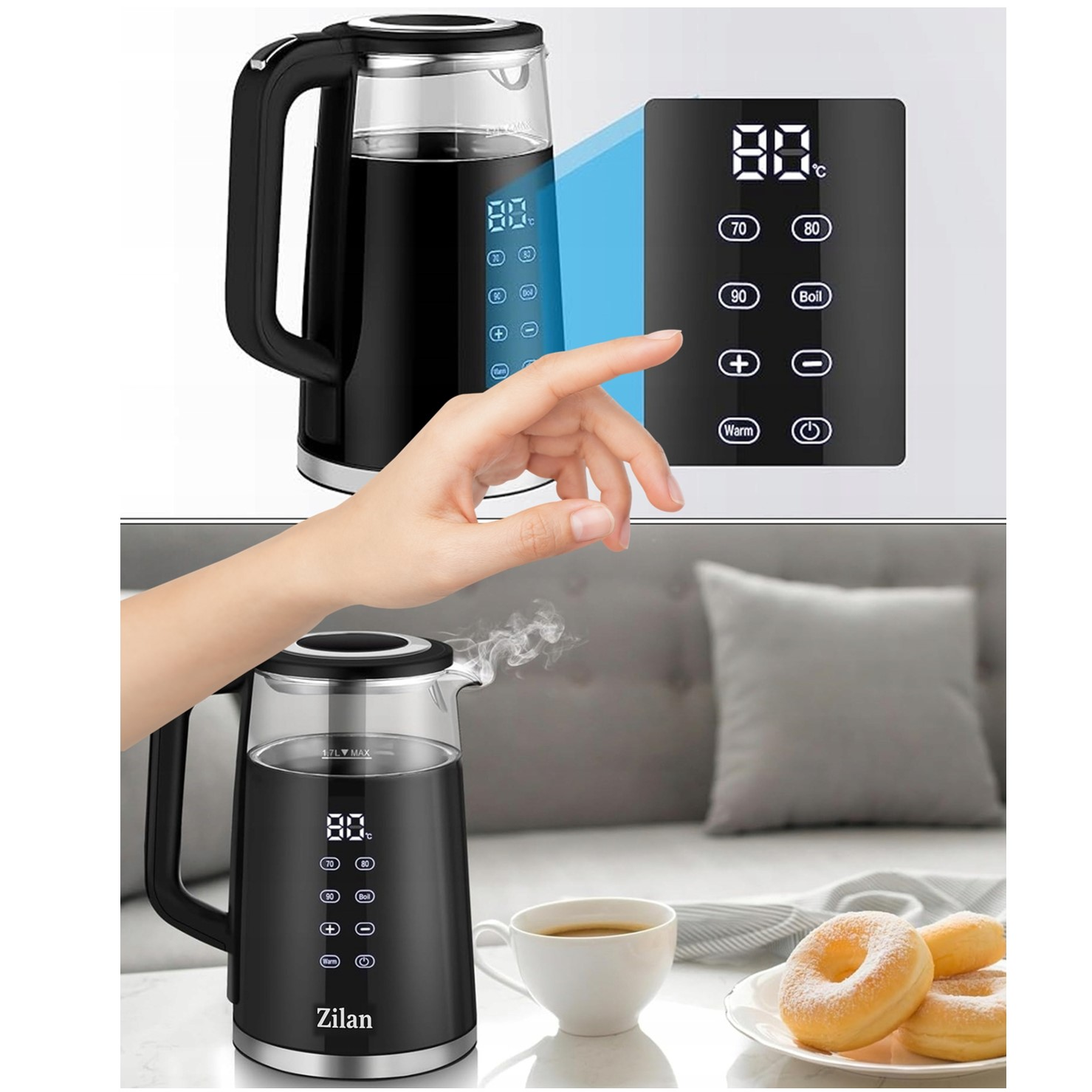 Czajnik elektryczny z cyfrowym wyświetlaczem, obok dłoń obsługująca go.