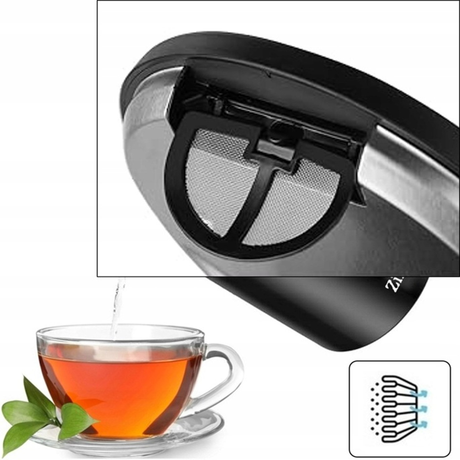 Filtr do herbaty w czajniku nad filiżanką herbaty.