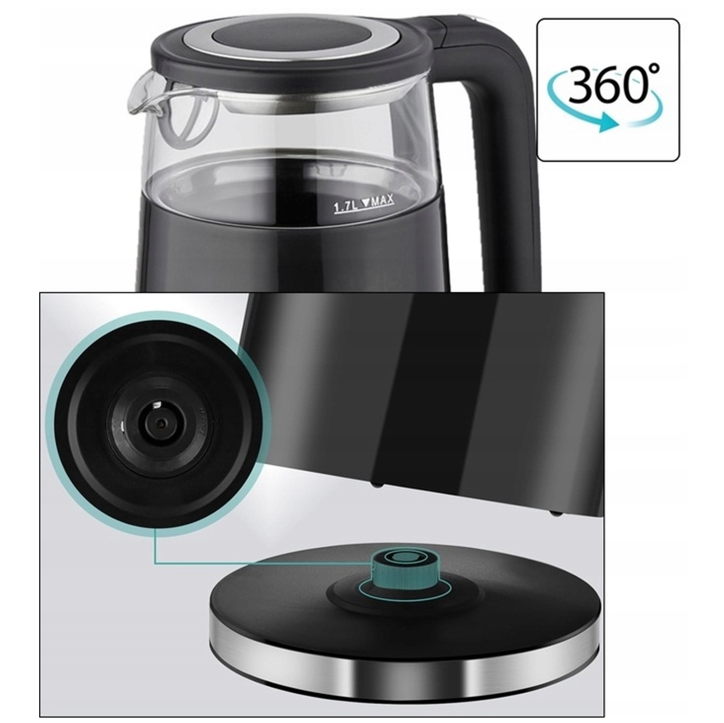 Czajnik elektryczny czarny, szklany, z ikoną 360°. Zbliżenie na podstawę.