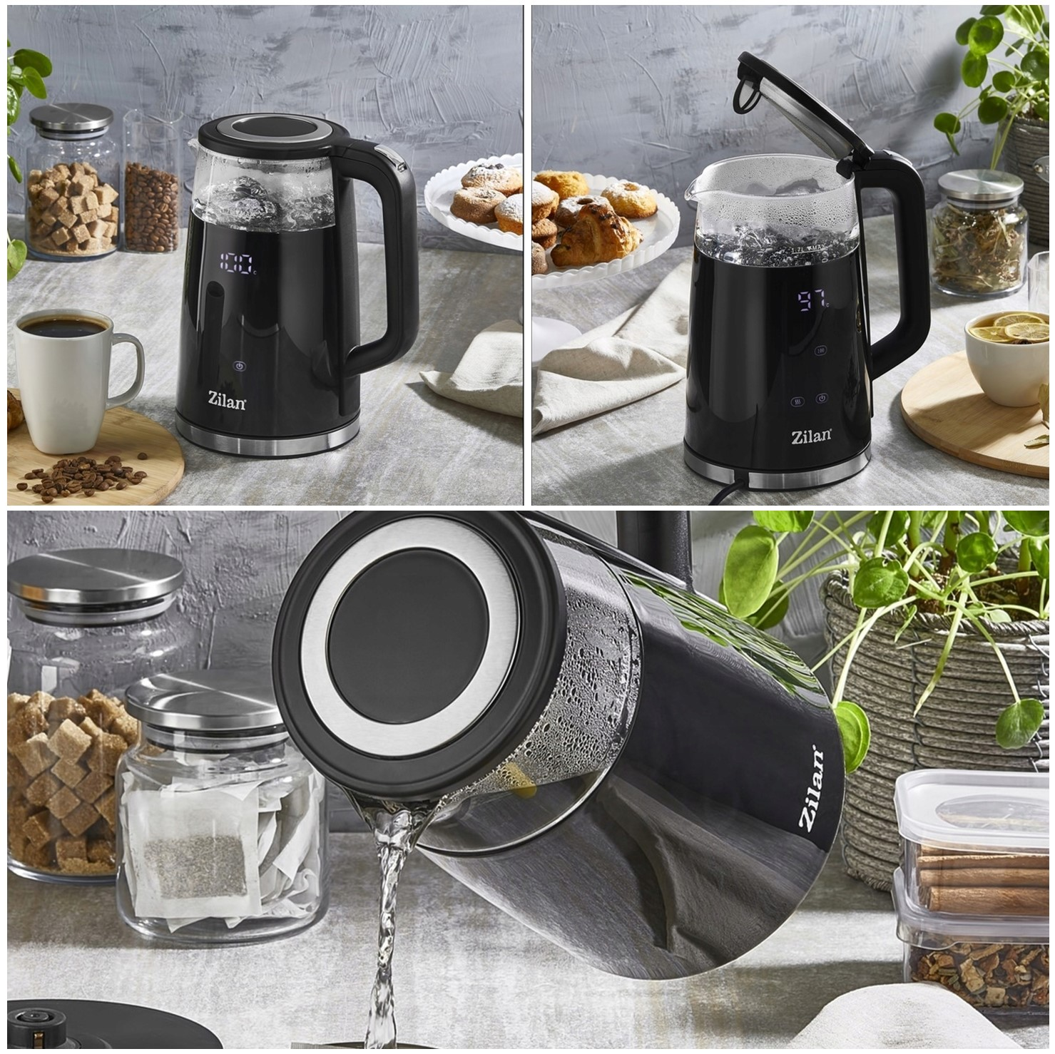 Czajnik elektryczny z szklanymi detalami na stole, obok kawa i ciastka.