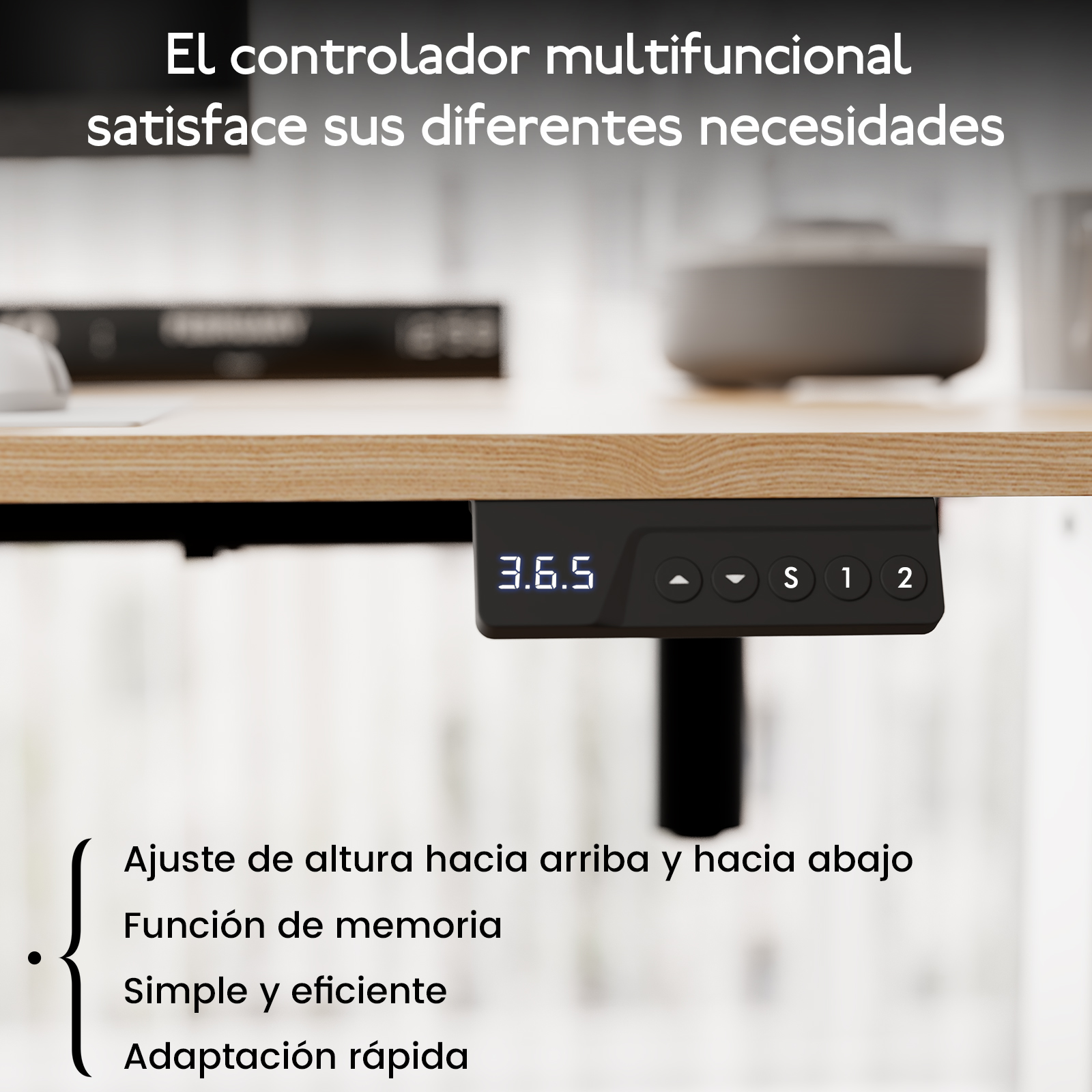 Panel de control de un escritorio regulable en altura con display digital.