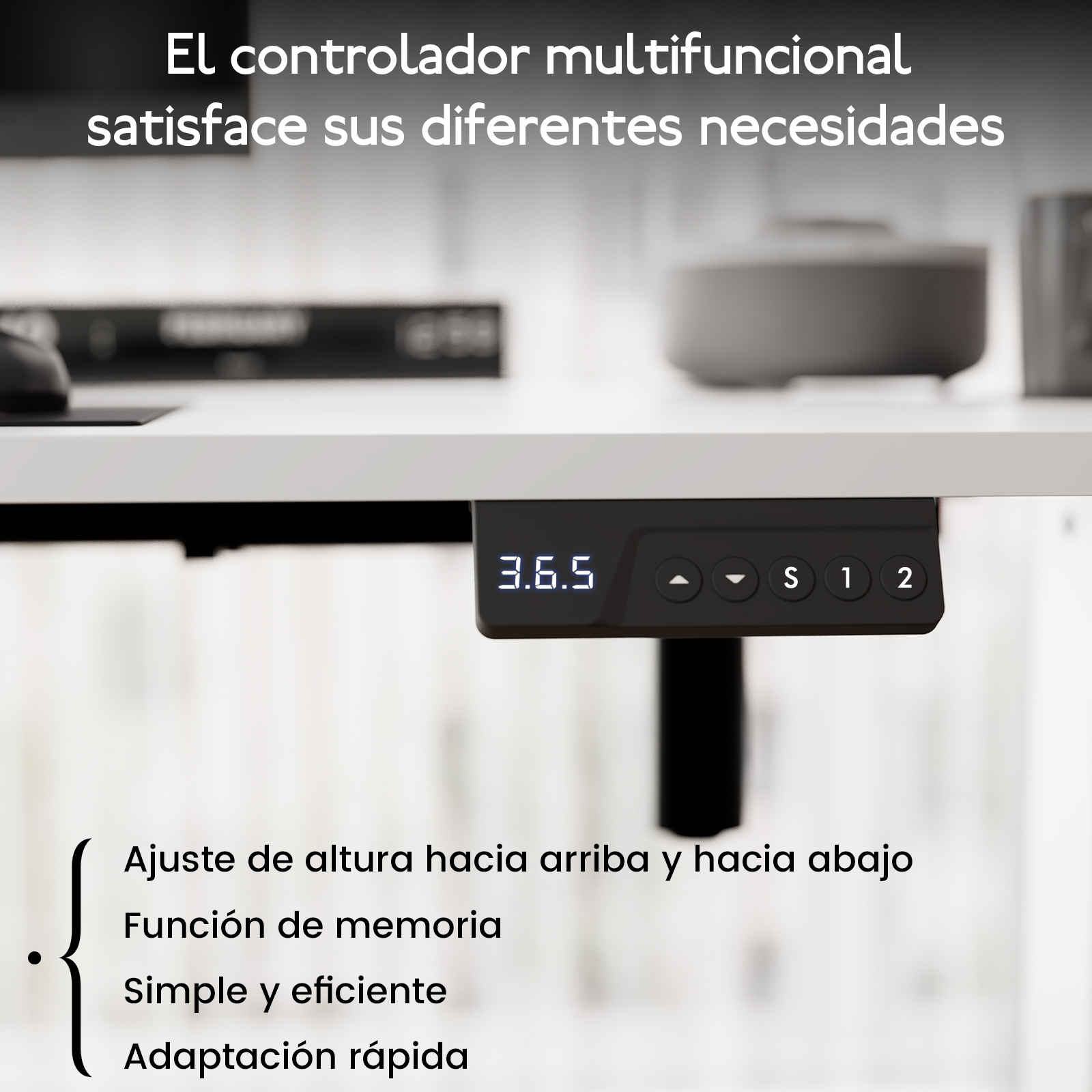 Panel de control de un escritorio ajustable en altura con pantalla digital.