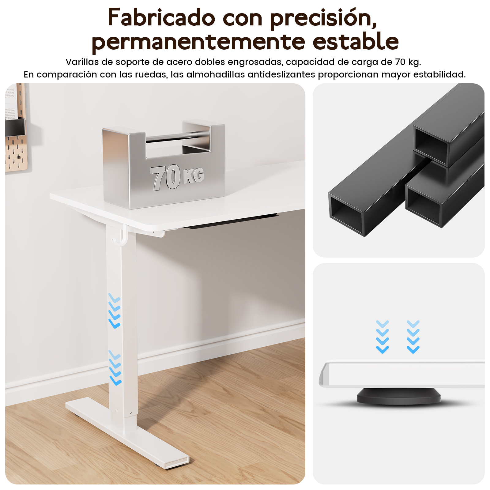 Un peso de 70 kg descansa sobre un escritorio blanco con pata metálica y flechas azules.