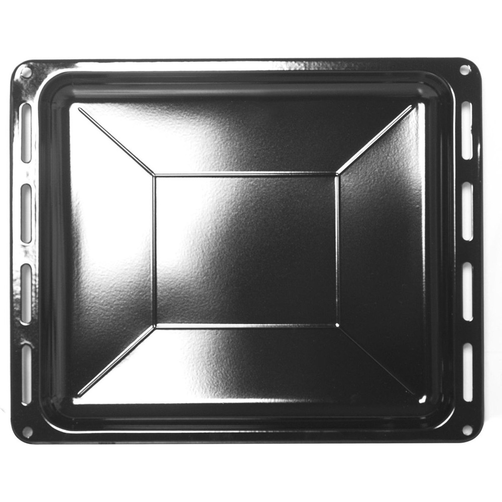 A shiny, empty black baking tray with a rectangular pattern.