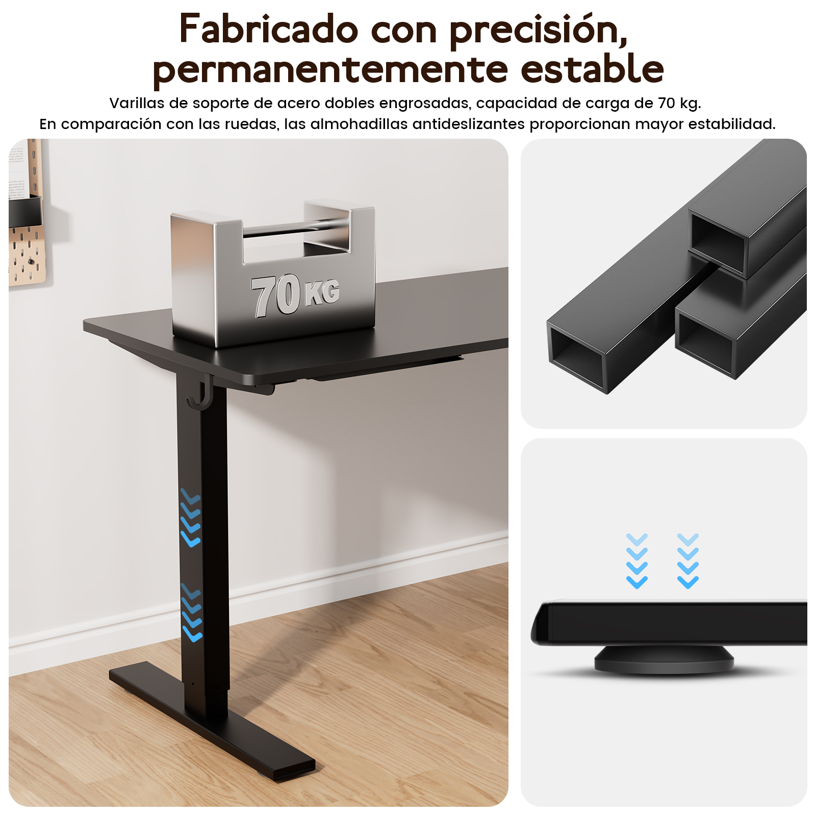 Un peso de 70 kg sobre un escritorio negro con base metálica estable.