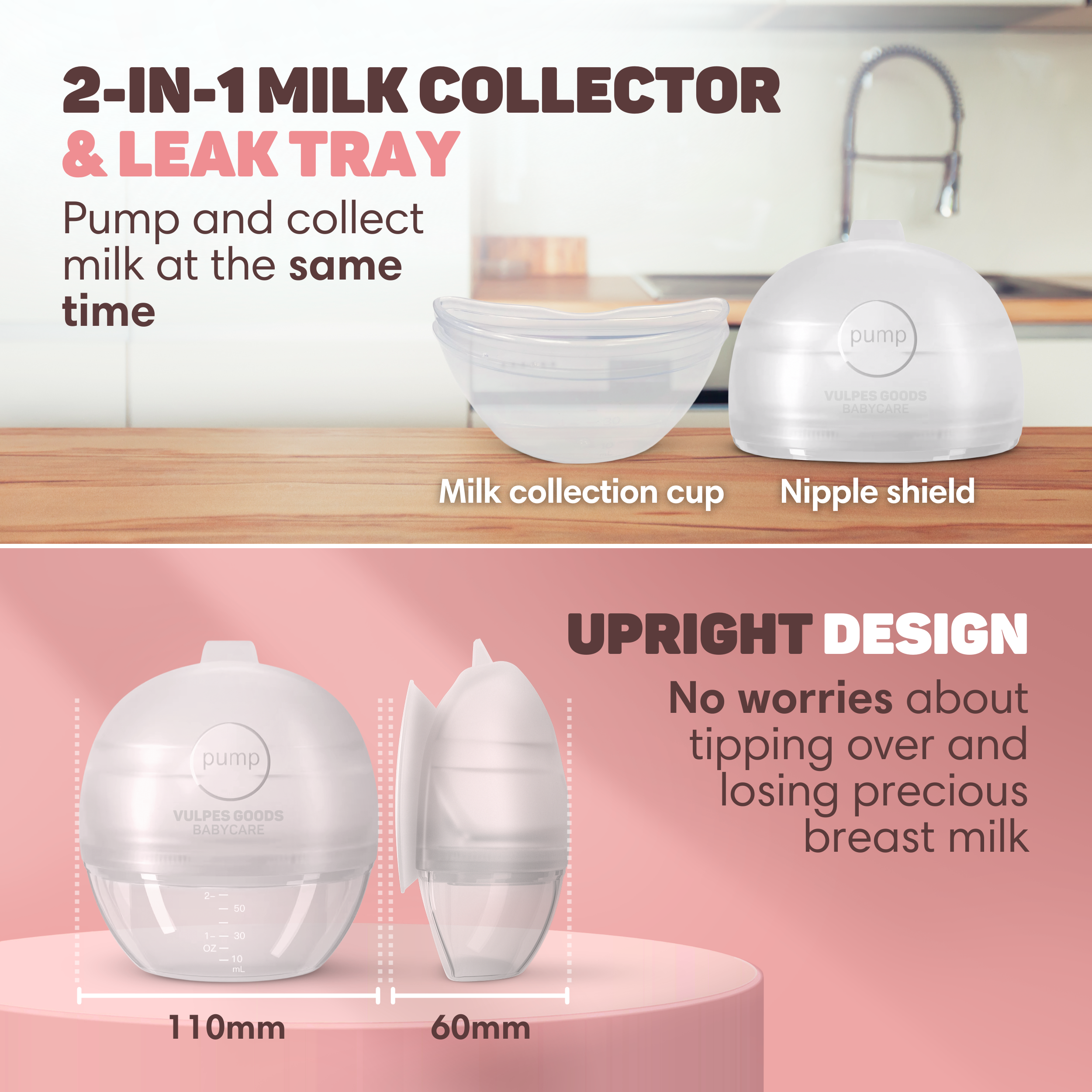 2-in-1 melkcollector & lekbakje met tepelschild, 110mm & 60mm.
