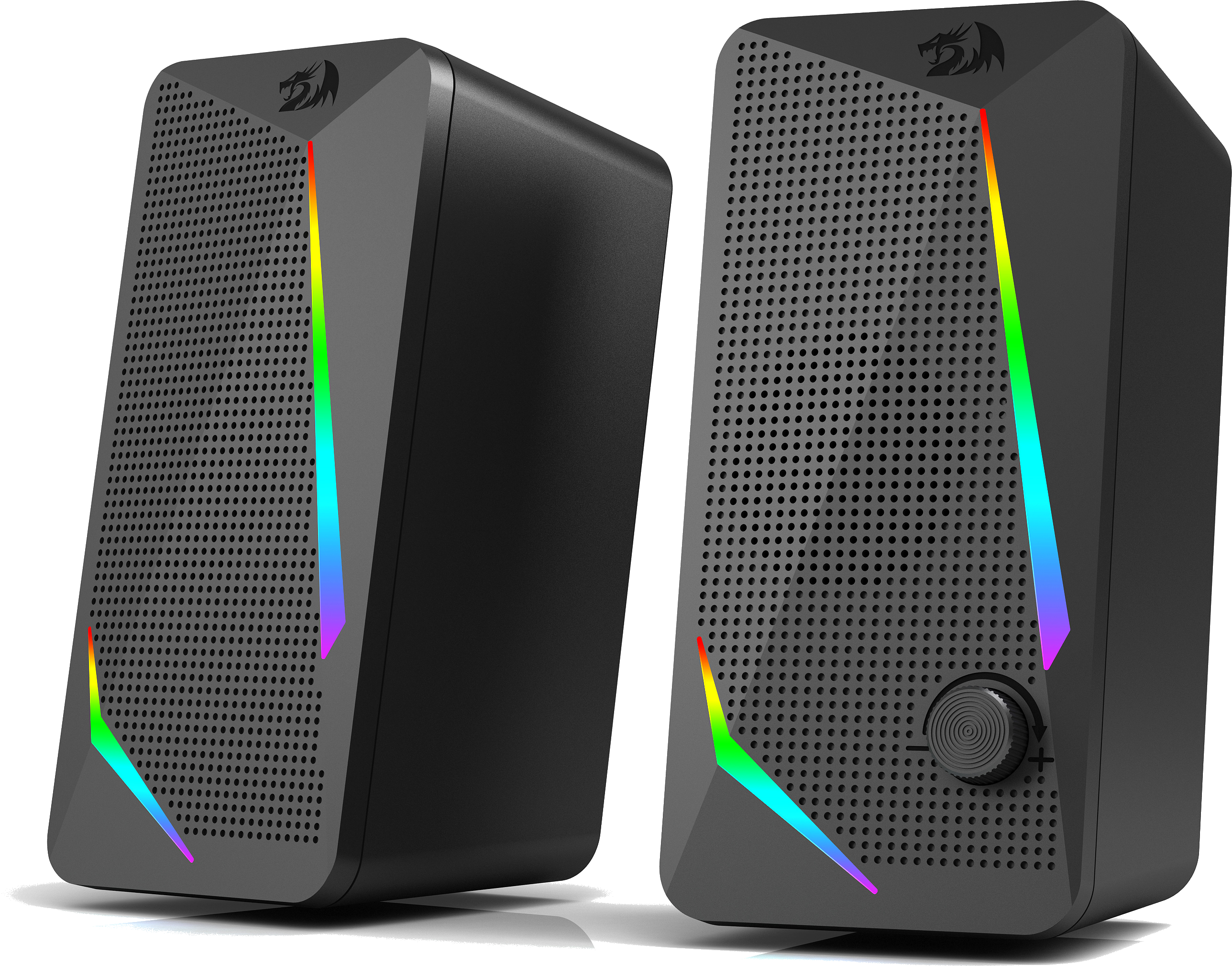 Due altoparlanti neri con illuminazione RGB e logo del drago.
