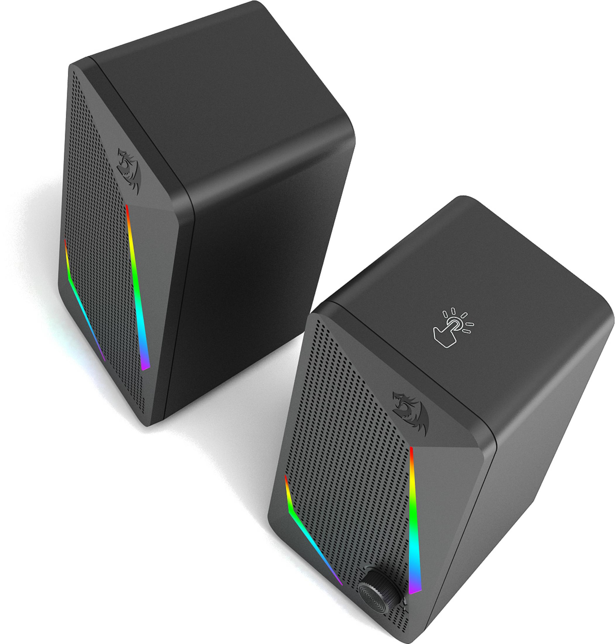 Due altoparlanti neri con illuminazione RGB e logo su sfondo bianco.