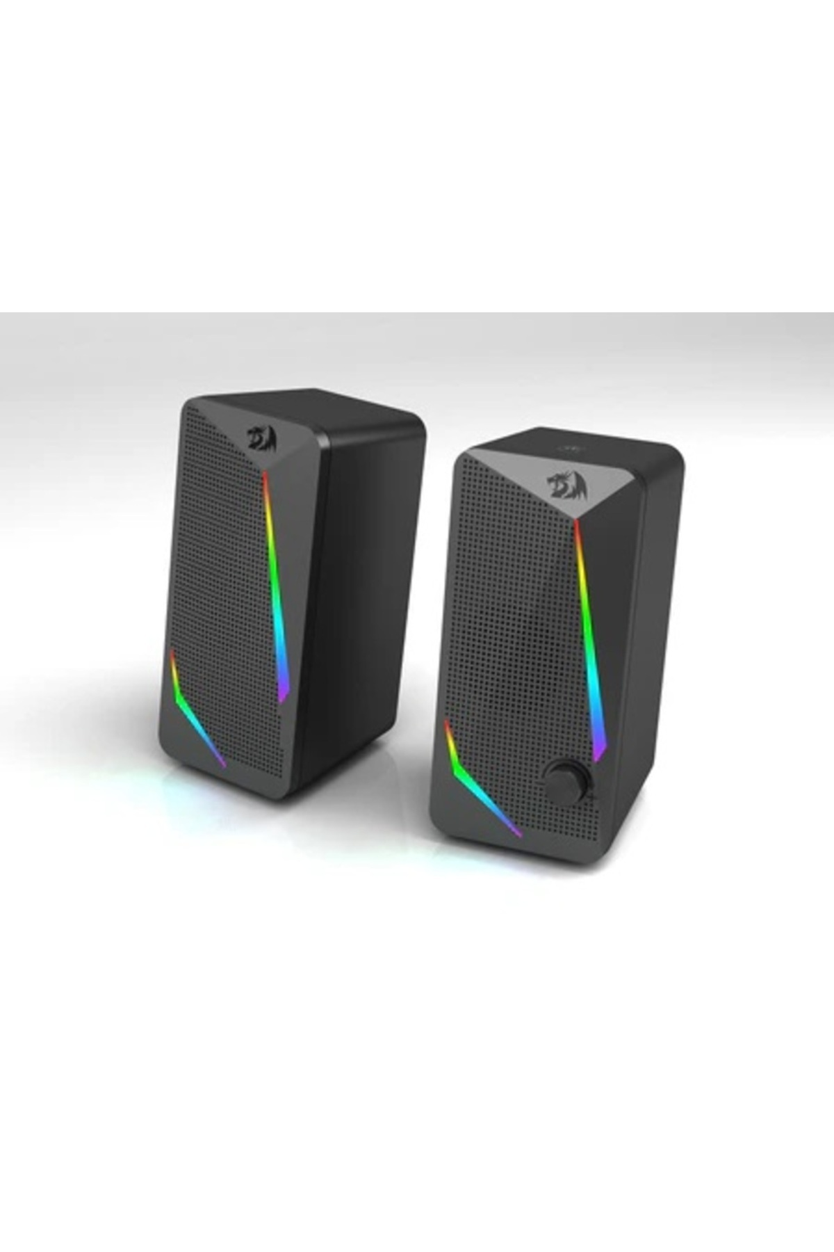Due altoparlanti neri con illuminazione RGB.