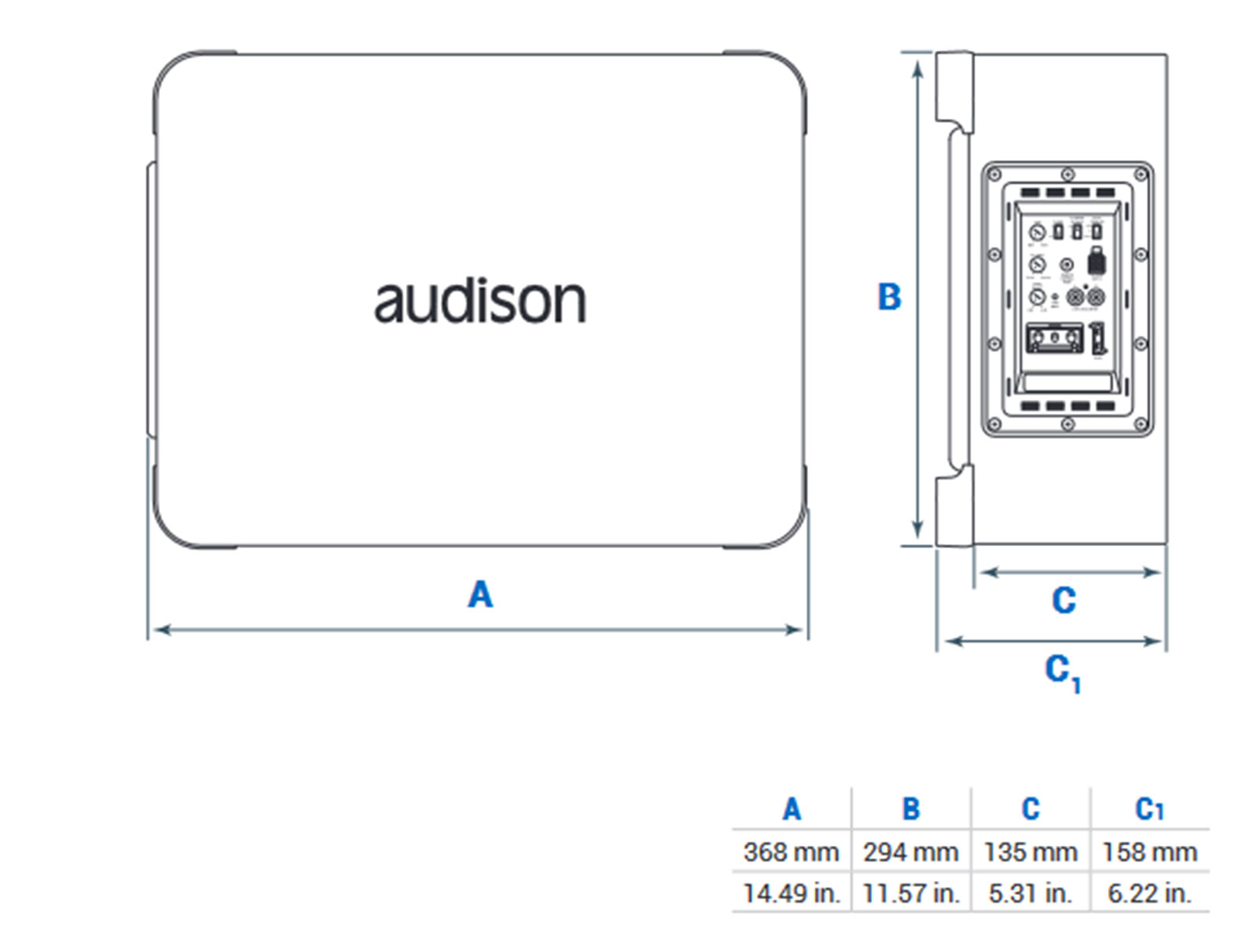 Technische Zeichnung eines Audison-Geräts mit Maßen A, B, C, C1 und einer Tabelle.