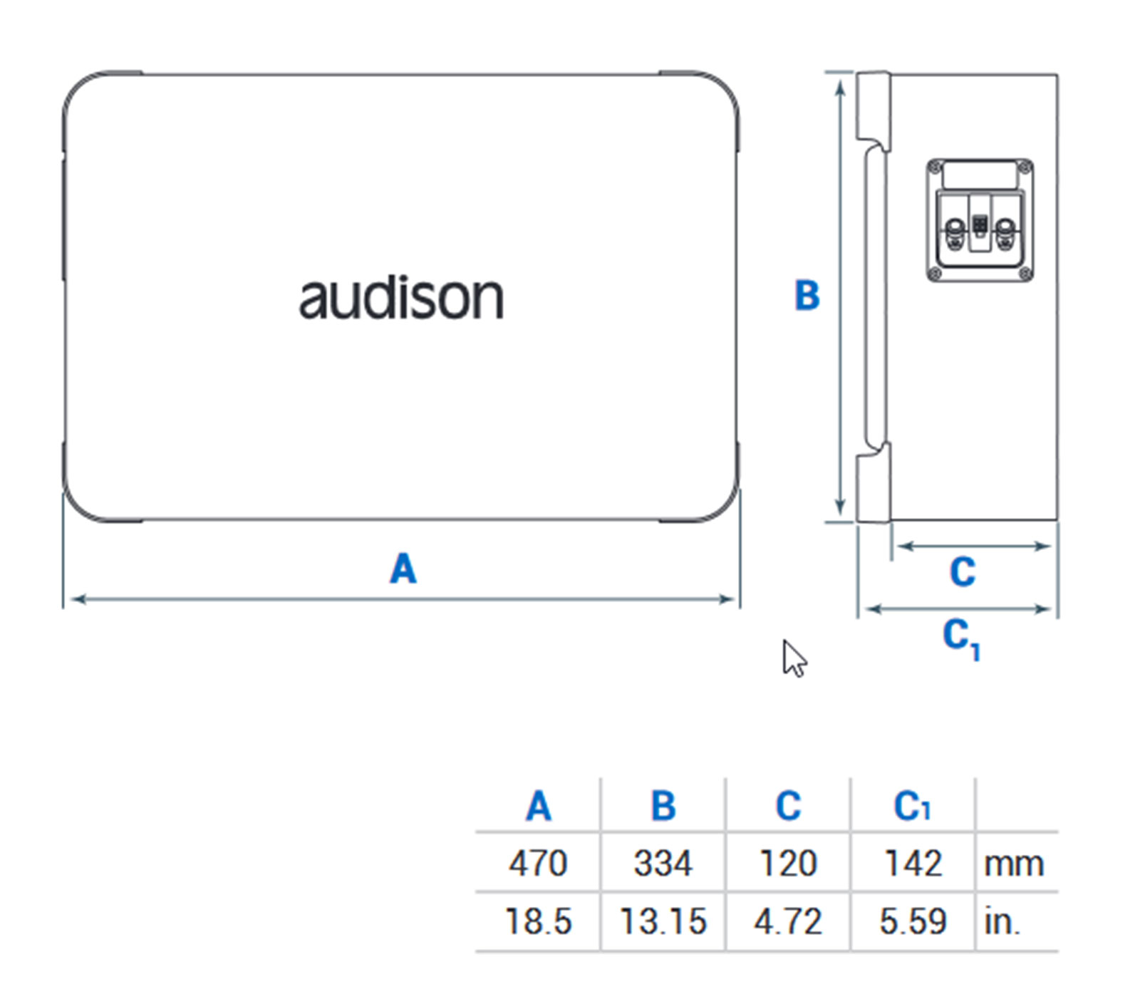 Technische Zeichnung eines Audison-Geräts mit Maßen A, B, C und C1.