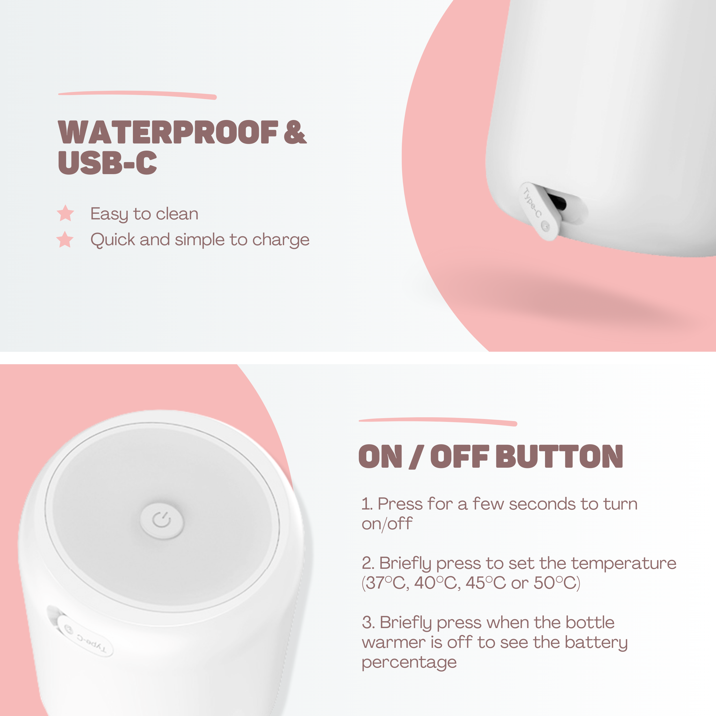Waterdichte USB-C flessenwarmer met aan/uit-knop en temperatuurregeling.