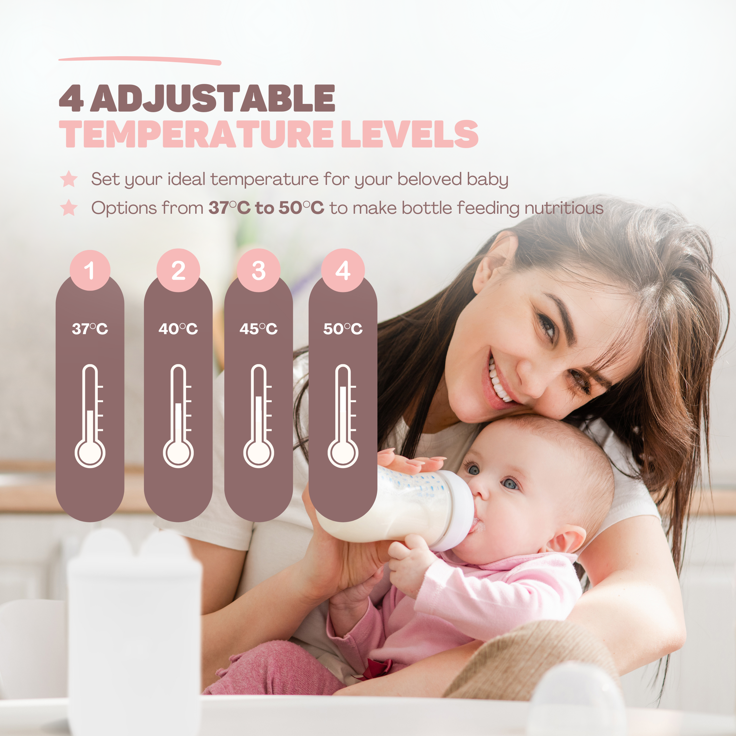 Moeder voedt baby met fles, 4 temperatuurniveaus 37-50°C.