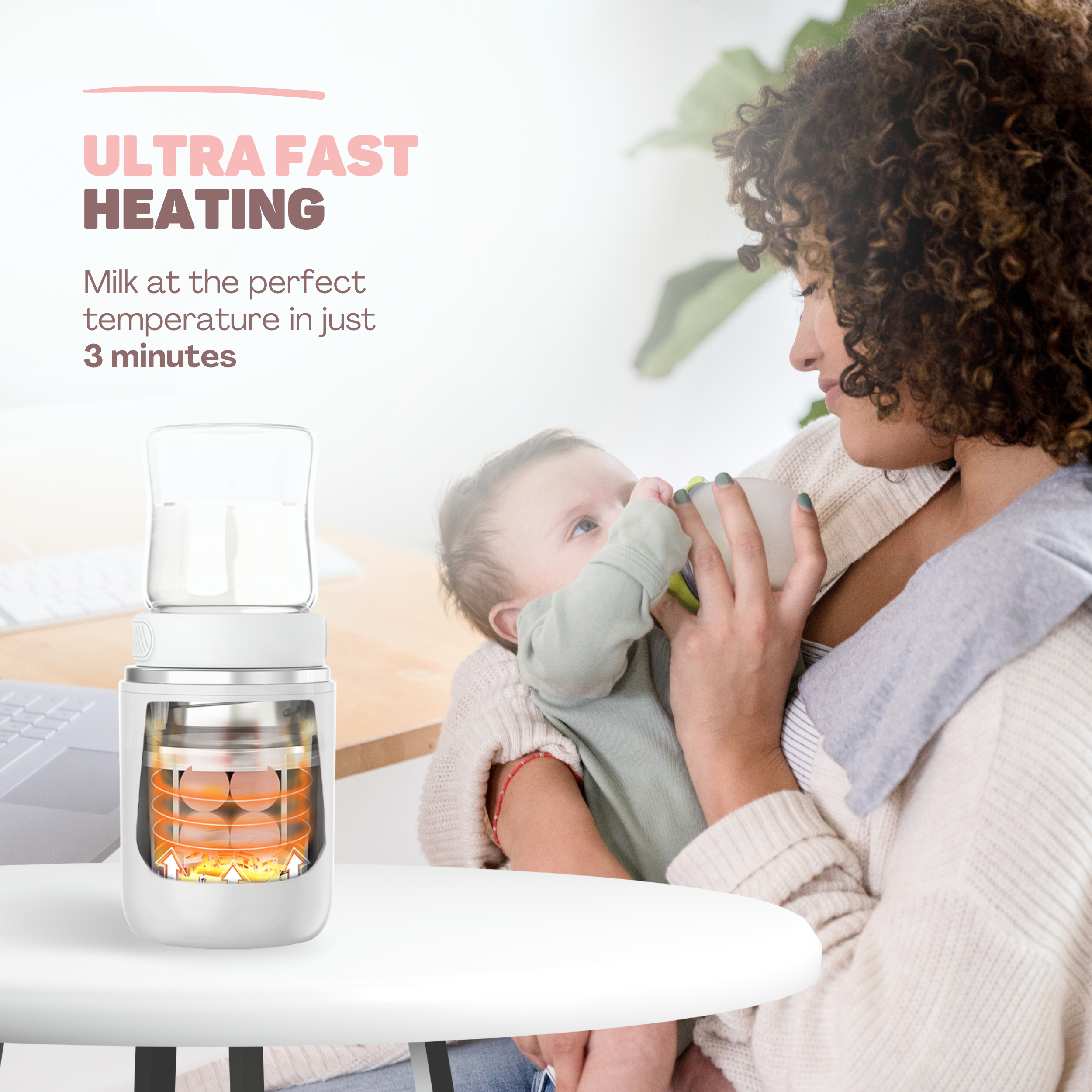 Vrouw voedt baby met flesje naast een flessenwarmer.