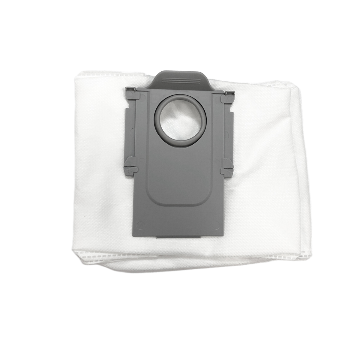 Biały worek na kurz z szarym plastikowym mocowaniem i okrągłym otworem.