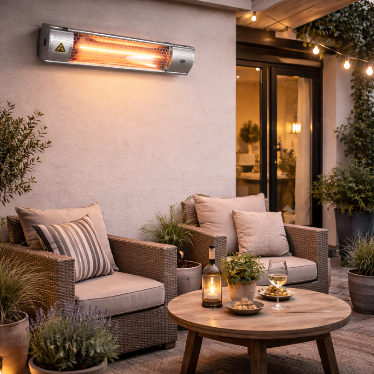 Een wandverwarming verwarmt een gezellig terras met twee stoelen en een tafel.