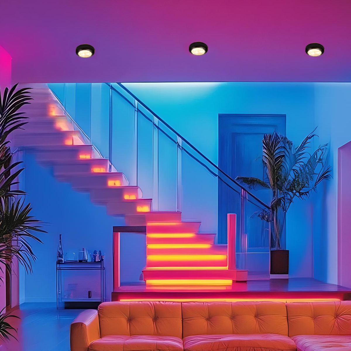 Moderne trap met roze en blauwe LED-verlichting, met bank op voorgrond.