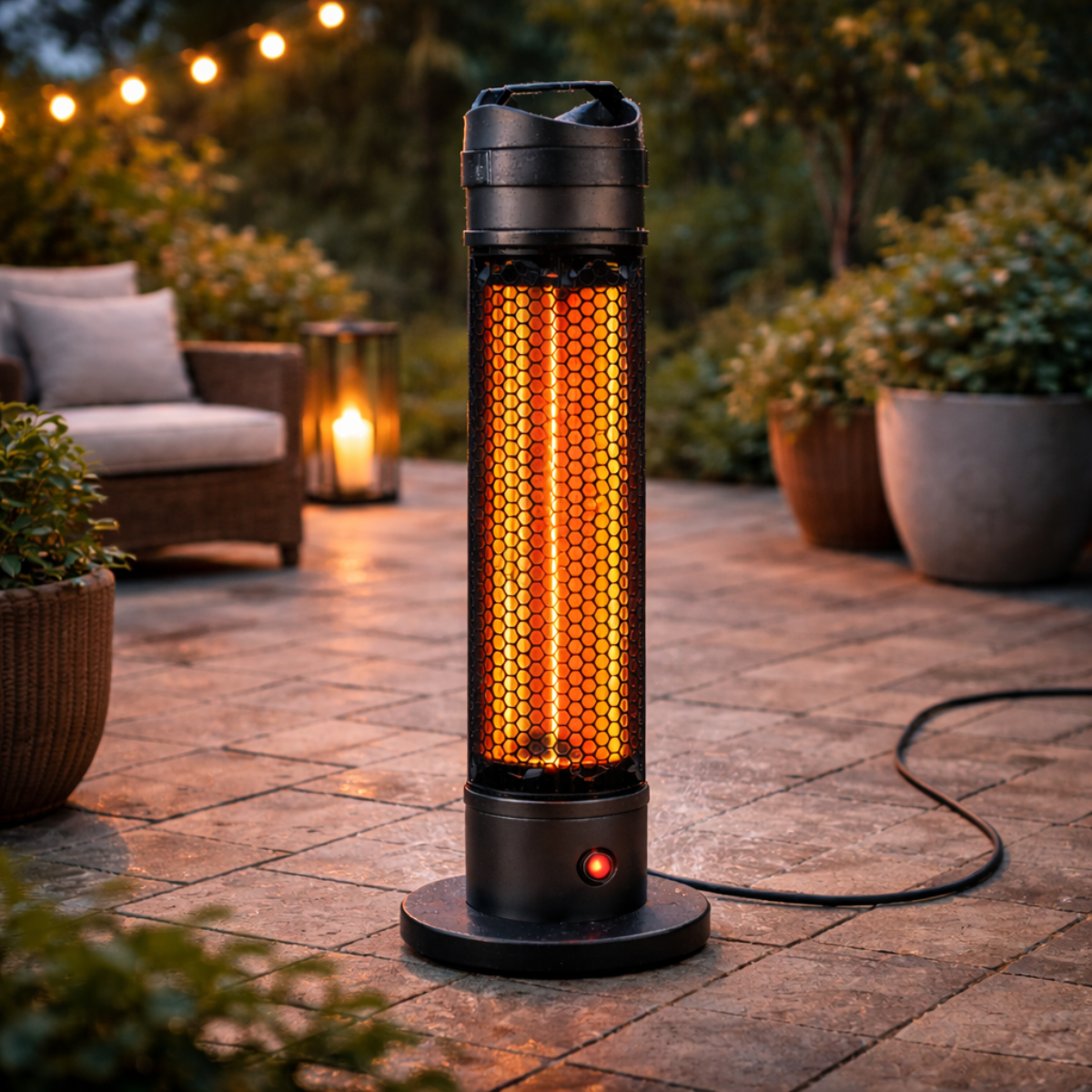 Ein schwarzer Heizstrahler mit glühenden orangefarbenen Heizelementen steht auf einer Terrasse.