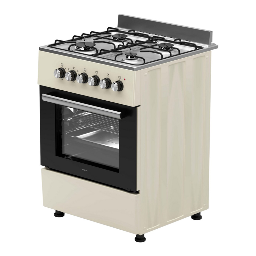 Cream-colored gas stove with four burners and a glass oven door.