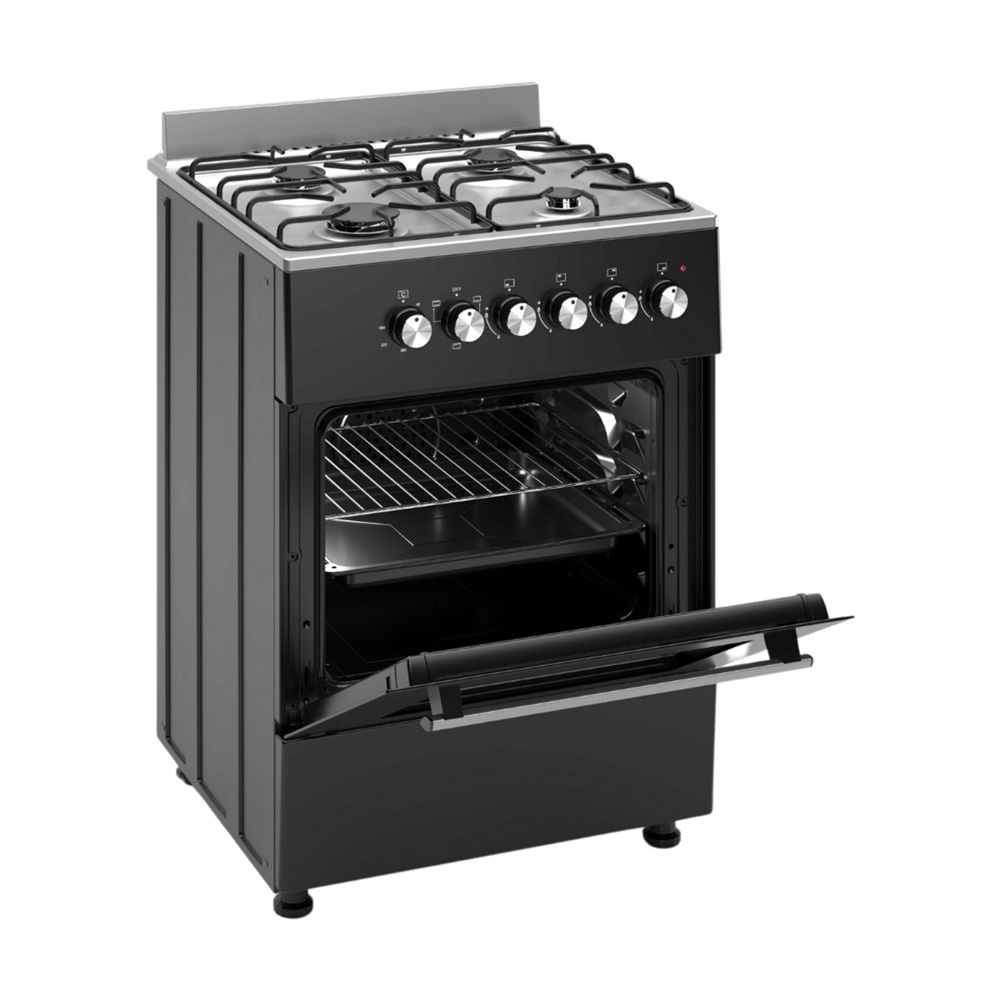 Black gas stove with open oven door, metal racks, burners, and control knobs.