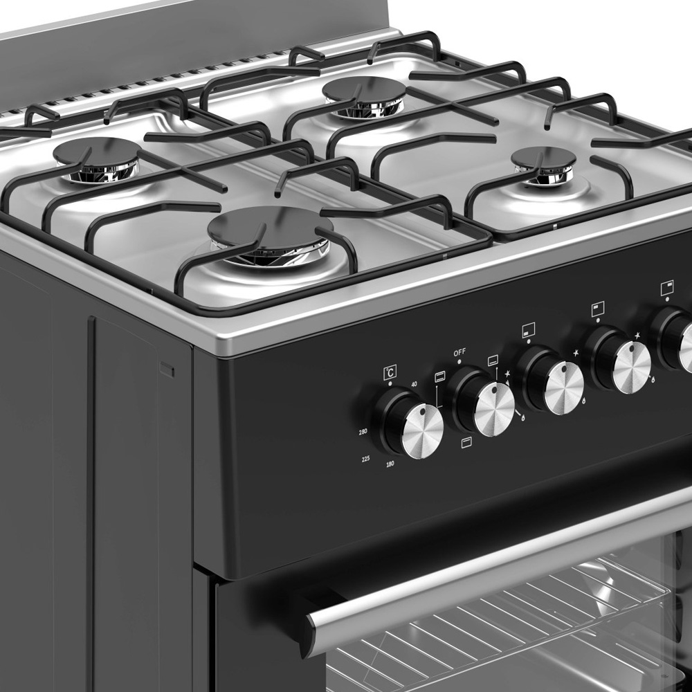 Black gas stove with four burners, silver control knobs, and an oven handle.