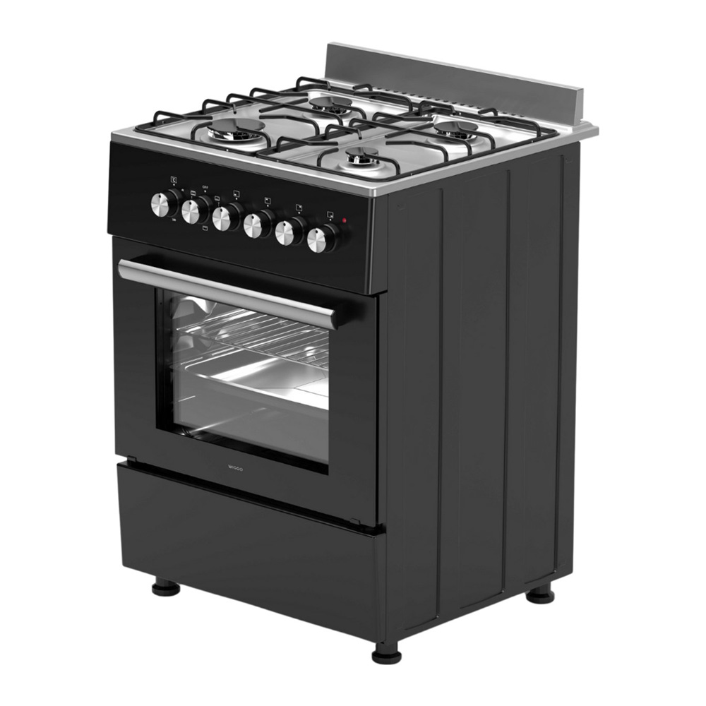 Black gas stove with four burners, glass oven door, and silver handle.