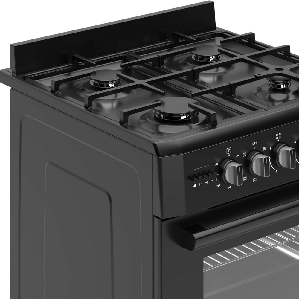 Black gas stove with four burners, control knobs, and an oven door.