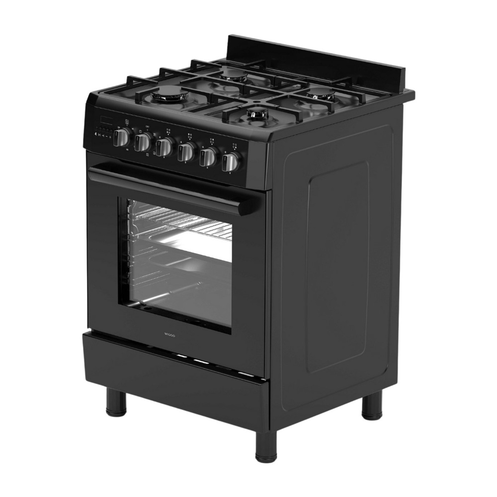 Black gas stove with four burners, glass oven door, and a drawer below.