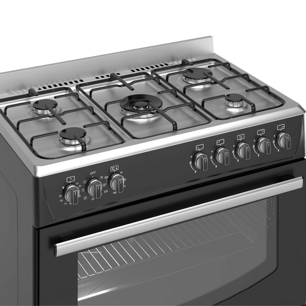 Modern black gas stove with four burners, silver top, and oven door.