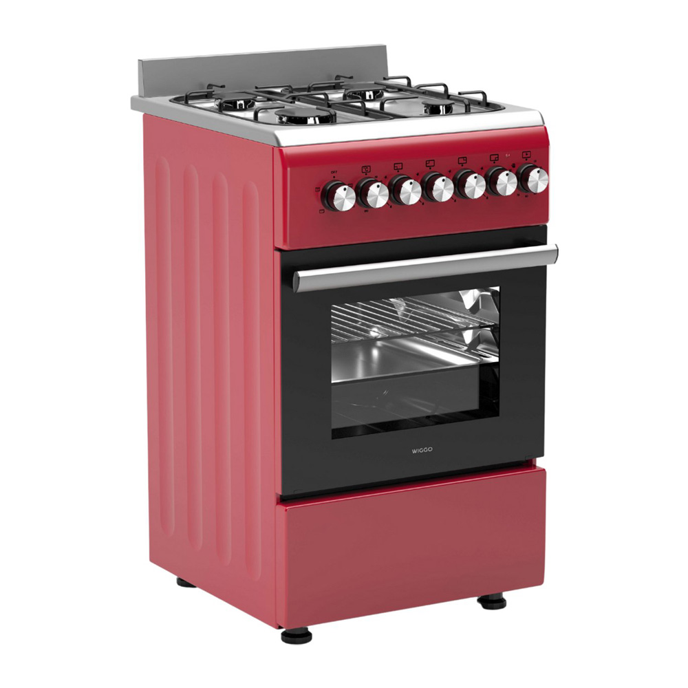 Une cuisinière à gaz rouge avec quatre brûleurs, une porte de four et un tiroir.