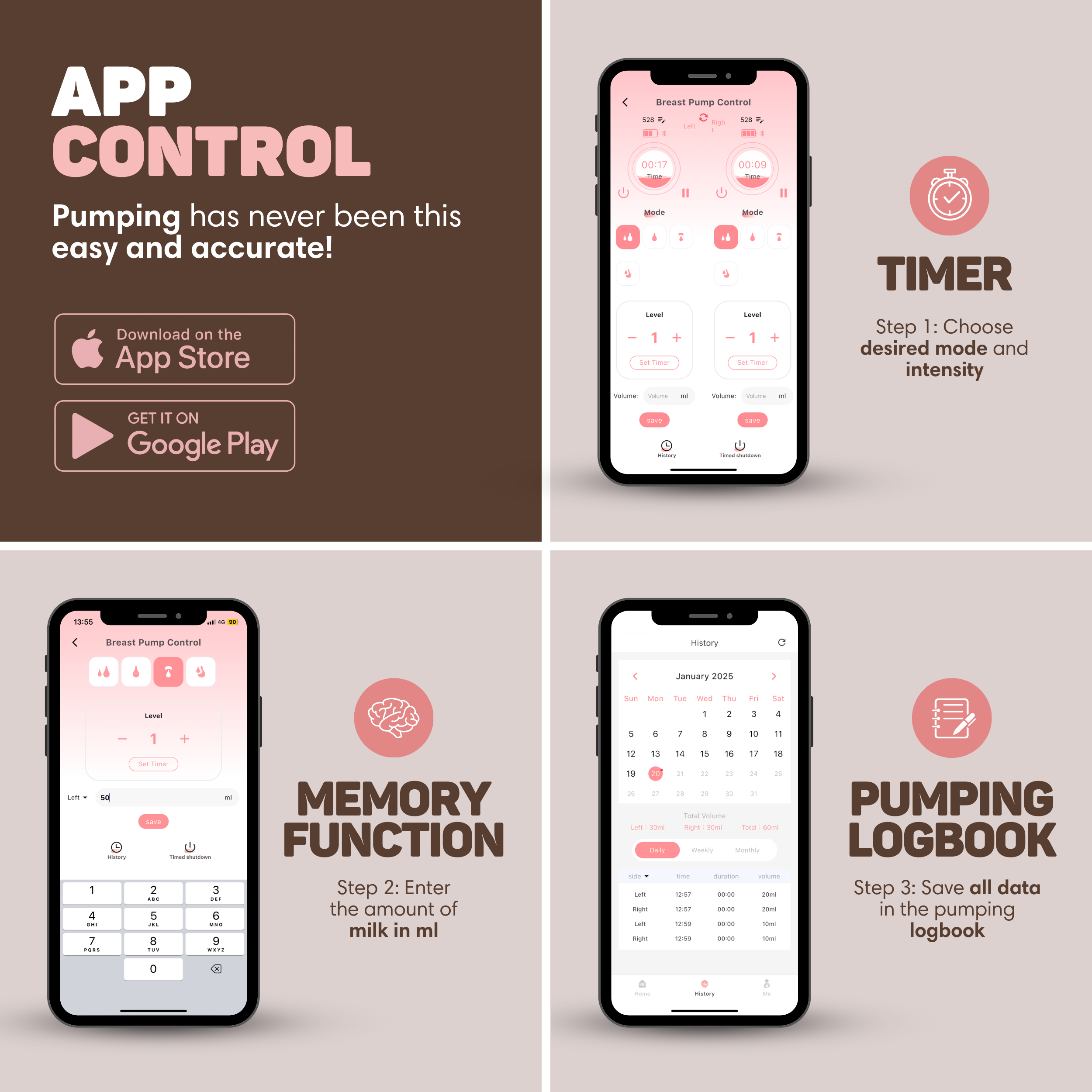 App-Steuerung für Milchpumpen: Timer, Speicherfunktion & Logbuch.