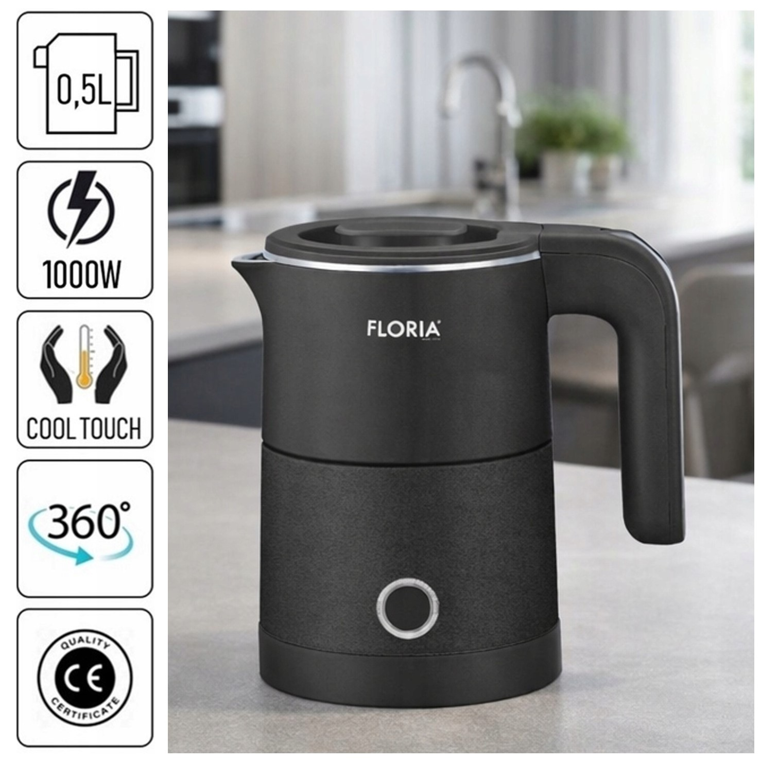 Czajnik czarny, poj. 0,5L, 1000W, Cool Touch, podstawa 360°, certyfikat CE.