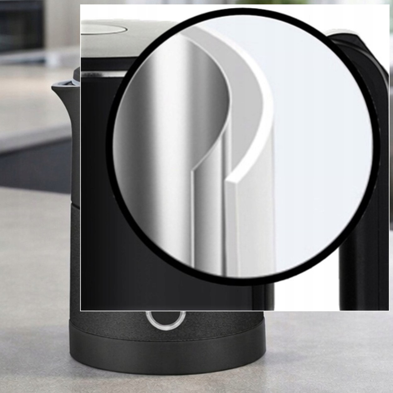 Czajnik elektryczny w kolorze czarnym z bliskim widokiem podwójnej ściany.