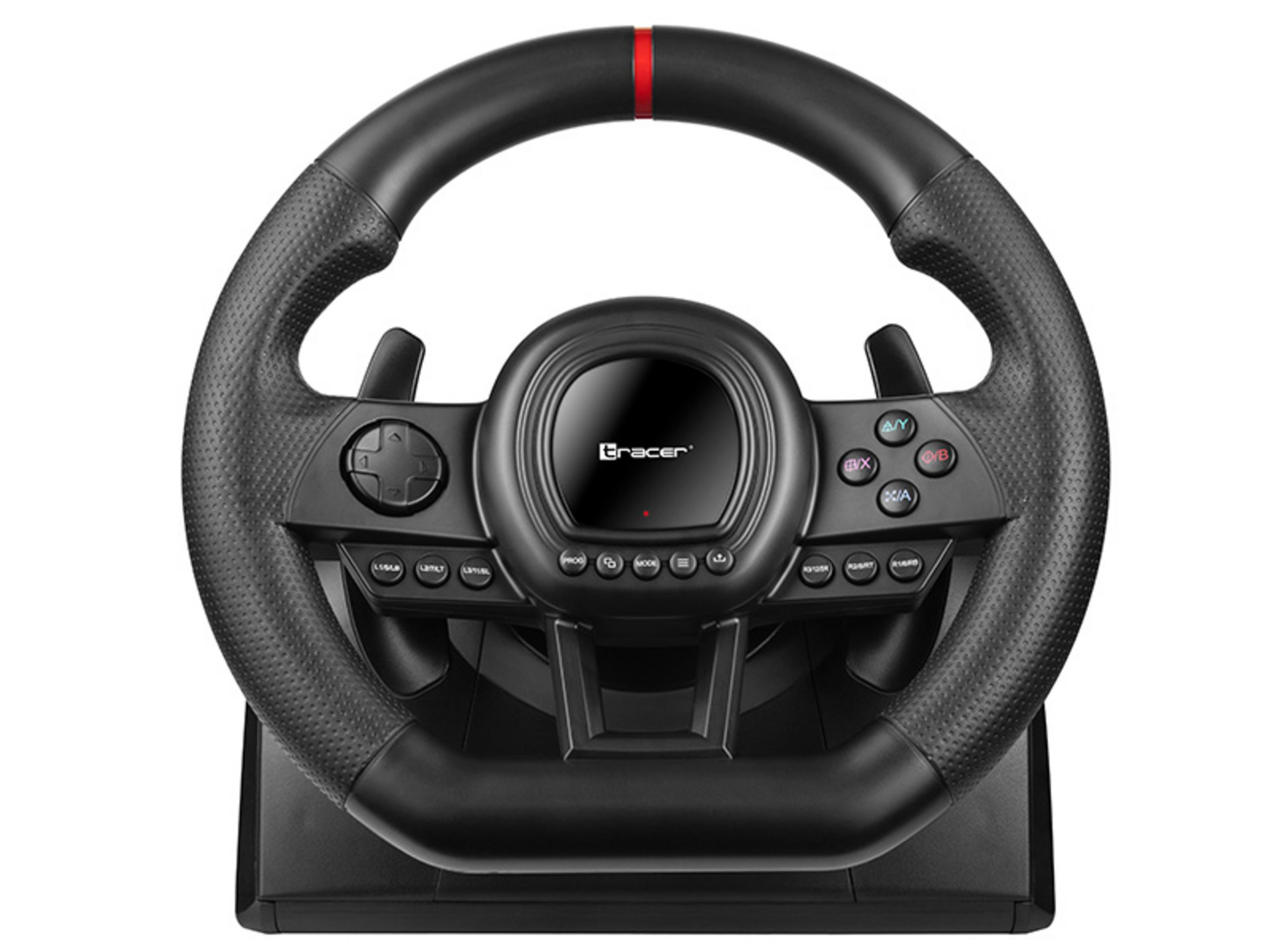 Volante da gioco nero con più pulsanti e una striscia rossa in alto.