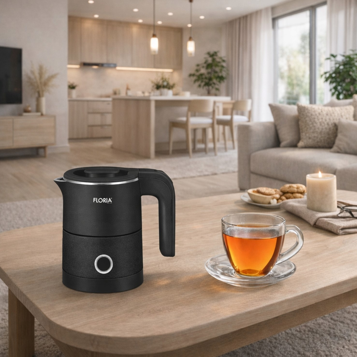 Czajnik elektryczny z filiżanką herbaty na drewnianym stole w nowoczesnym salonie.