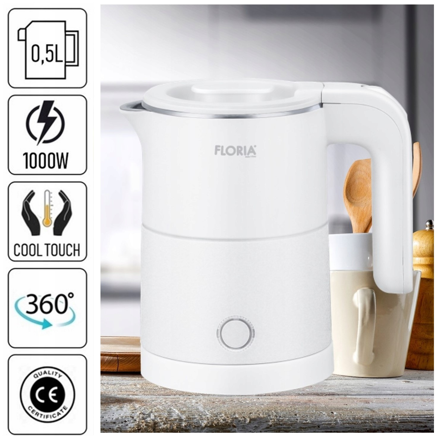 Biały czajnik Floria o pojemności 0,5L, mocy 1000W, z funkcją Cool Touch.