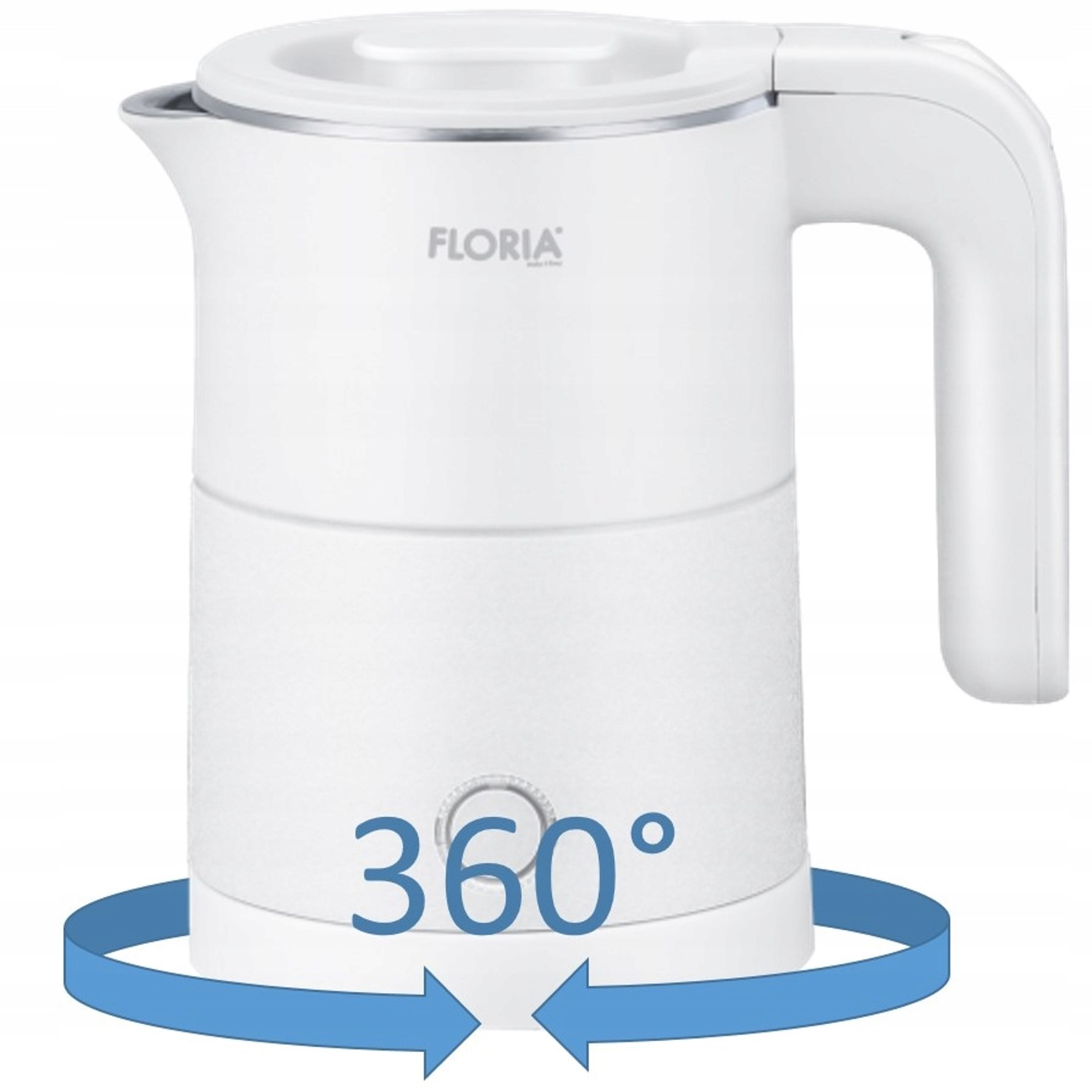 Biały czajnik z logo "FLORIA" i strzałką 360 stopni.