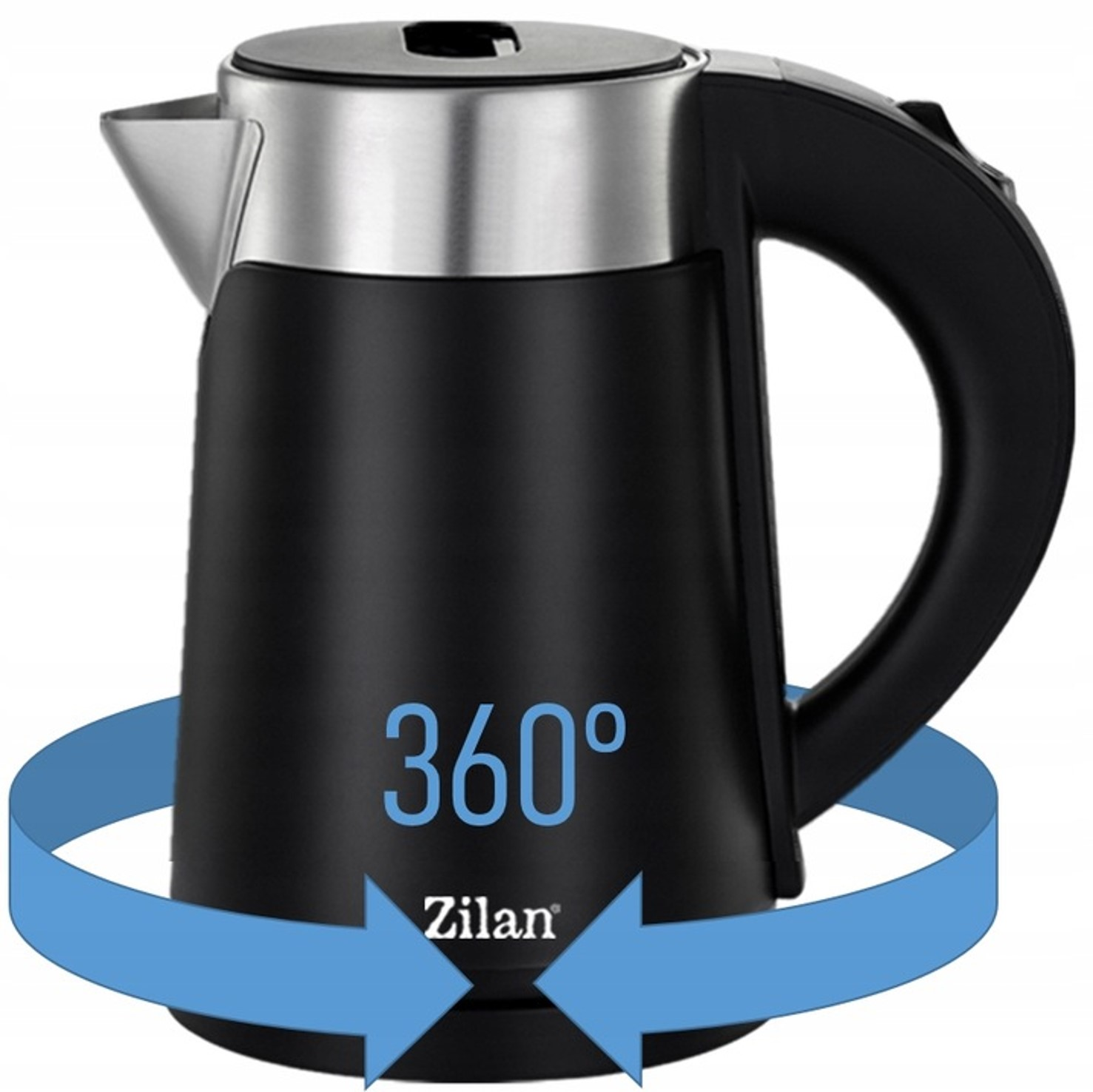 Czajnik elektryczny czarny z srebrnymi detalami i strzałką 360 stopni.