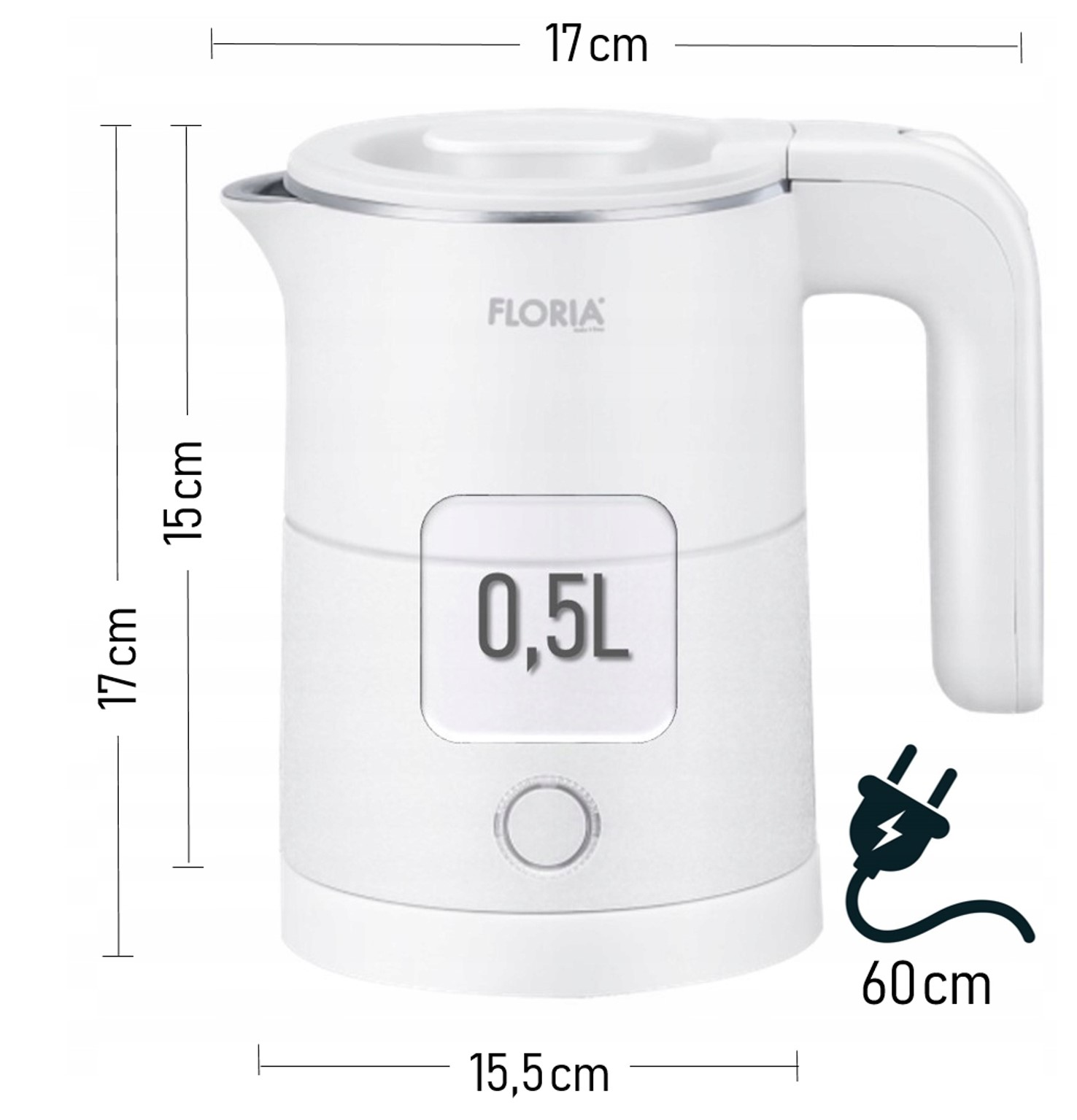 Biay czajnik 0,5L. Wymiary: 17x15,5x17cm. Kabel w zestawie.