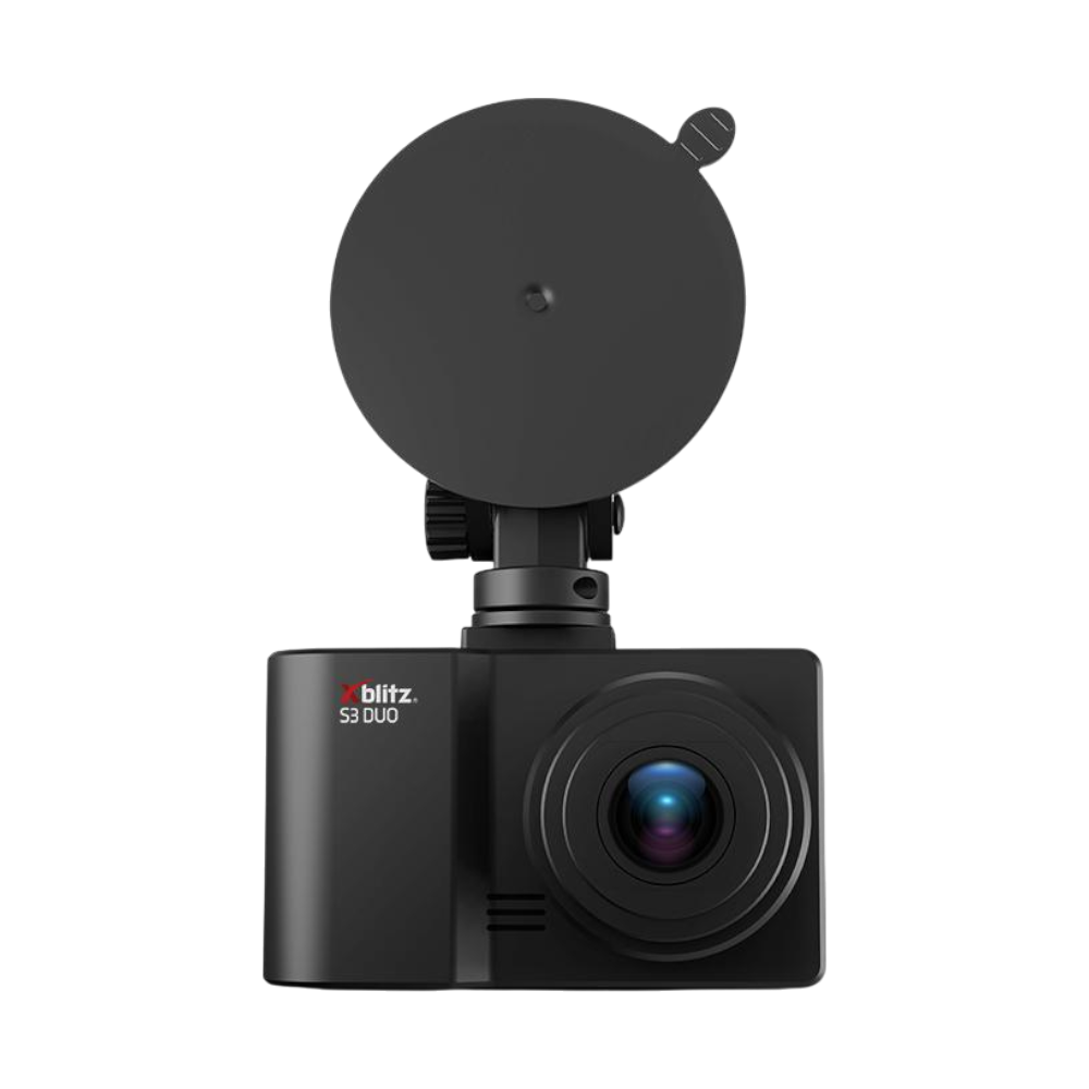 Czarna kamera samochodowa Blitz S3 DUO z mocowaniem na przyssawkę.