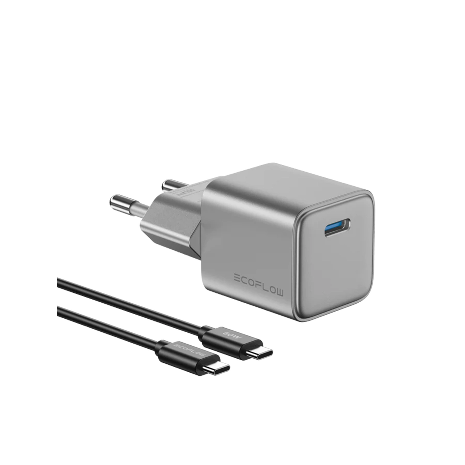 İki USB-C kablosu olan gümüş renkli EcoFlow şarj cihazı.