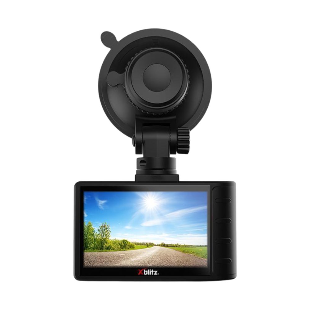 Kamera samochodowa z uchwytem na przyssawkę i ekranem pokazującym drogę.