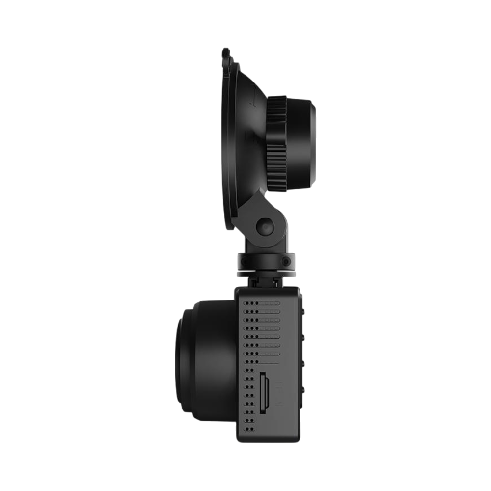 Czarna kamera samochodowa z mocowaniem na przyssawkę, pokazana z boku.