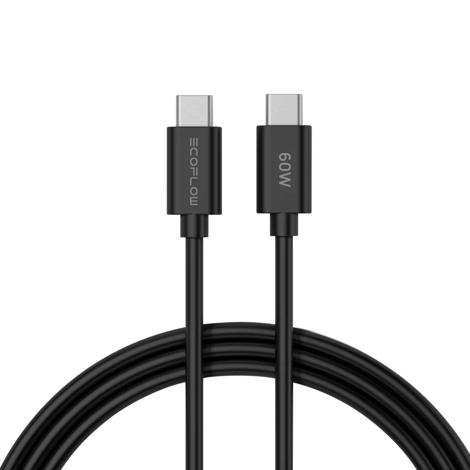 Gümüş konnektörlü iki siyah USB-C kablosu. Biri EcoFlow logosu, diğeri 60W yazısı gösteriyor.