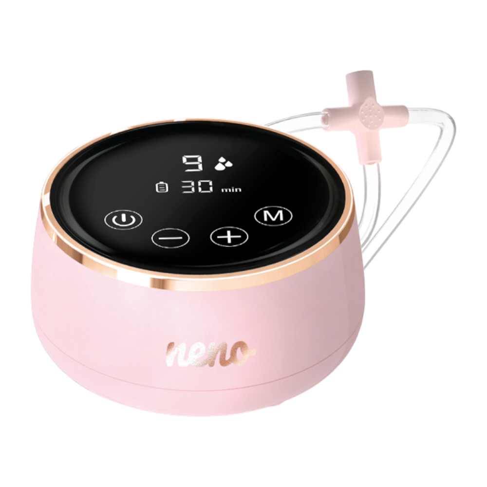 Różowy silnik laktatora z cyfrowym wyświetlaczem i wężykami.