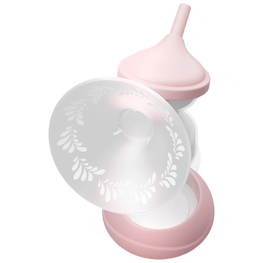 Różowy dodatek do butelki z przezroczystym lejkiem i wzorem kwiatowym.