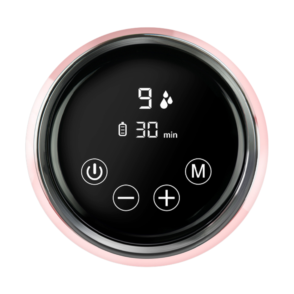 Cyfrowy wyświetlacz pokazuje baterię, minutnik 30 min i 9 kropli.