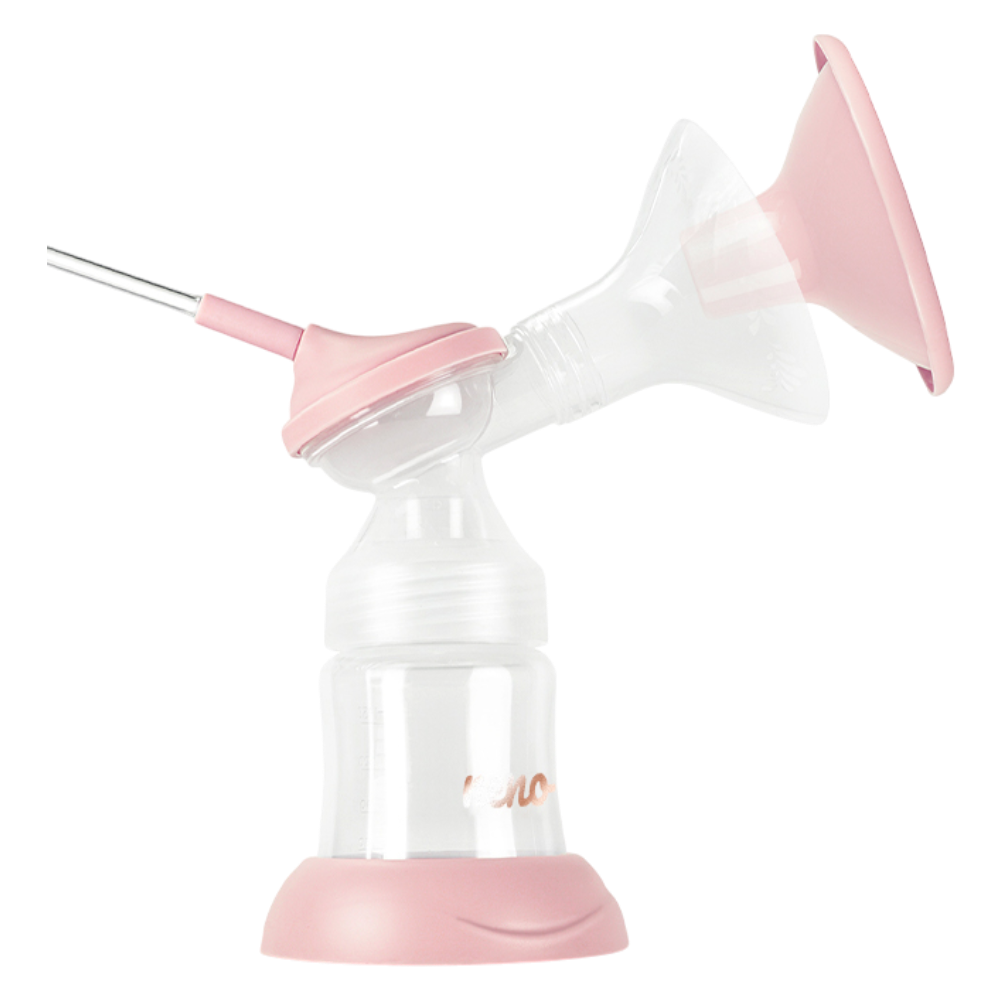 Różowy i przezroczysty końcówka laktatora z butelką na czarnym tle.